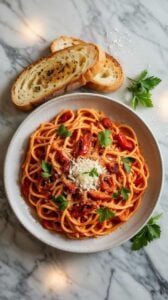 A high-quality food photograph of spaghetti pasta with a vibrant red tomato sauce on a matte white ceramic plate. The pasta is garnished with fresh green parsley leaves and topped with grated white Parmesan cheese. In the upper portion of the image, two slices of artisanal baguette with golden-brown crust and visible flour dusting are placed on a white marble surface. The marble surface has subtle gray veining patterns. Fresh green parsley sprigs are scattered around the plate. The lighting is soft and natural, creating subtle shadows and highlighting the glossy texture of the pasta sauce. The composition is shot from directly above, with the plate positioned slightly off-center on the marble surface. The overall color palette consists of warm browns from the bread, bright reds from the tomato sauce, fresh greens from the parsley, and crisp whites from the plate and cheese.