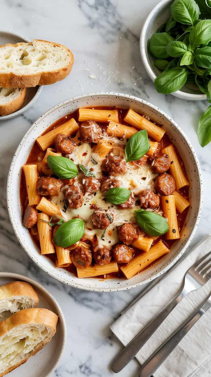 A delightful meal setting. At the center, there's a bowl filled with rigatoni pasta, topped with what appears to be sausage meatballs in a rich tomato sauce, garnished with fresh basil leaves. Adjacent to the bowl, there's a piece of crusty bread sliced in half. On the top left, there's a small bowl containing fresh basil leaves. The entire setup is placed on a marble surface, and the meal is accompanied by a fork and knife on a folded napkin.