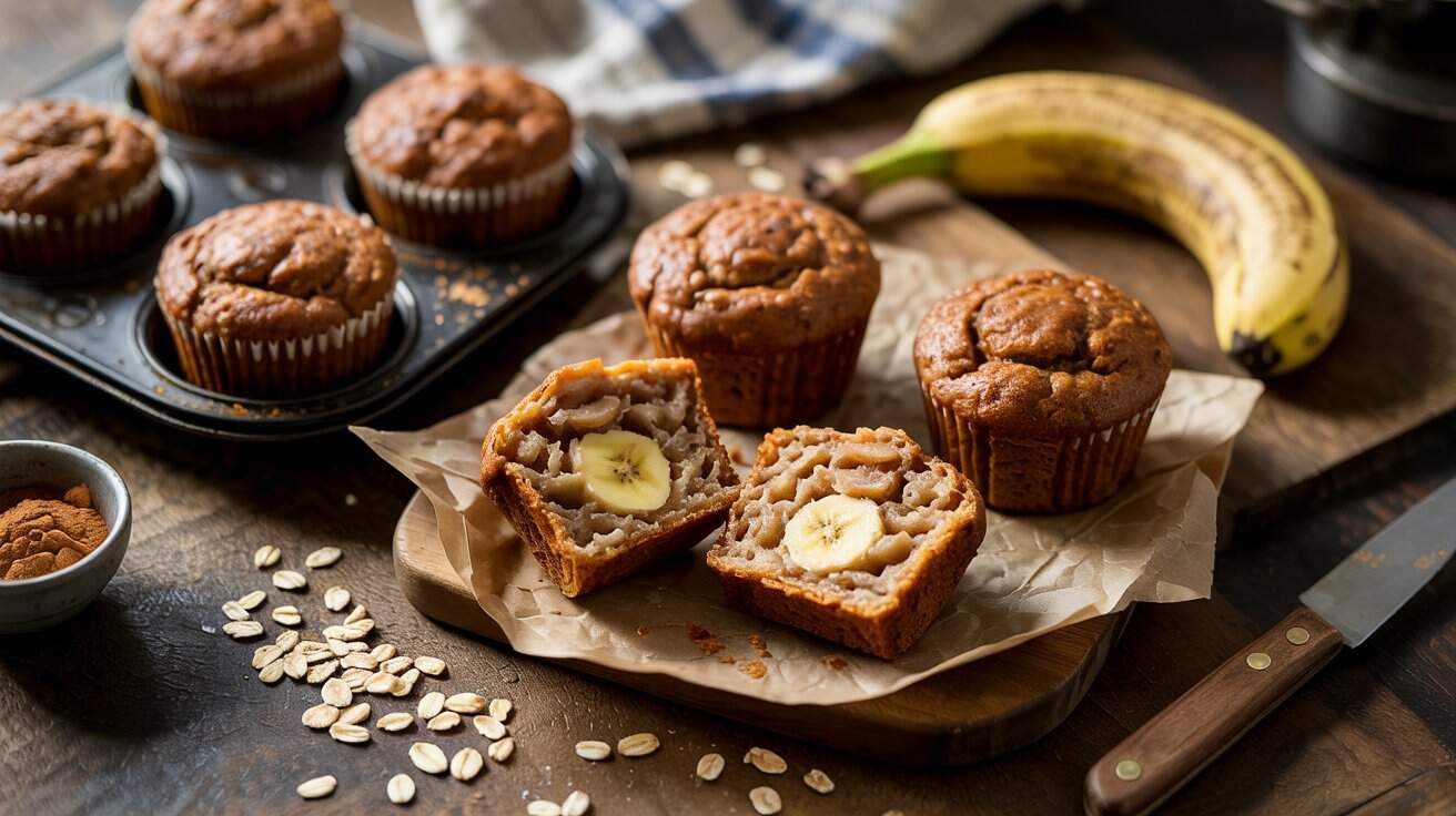 2 banana oatmeal muffins a rustic wooden W4DSUpXKQkGRPjvvGjojcg 7o84I6iVSSKPoOgIvczzdQ
