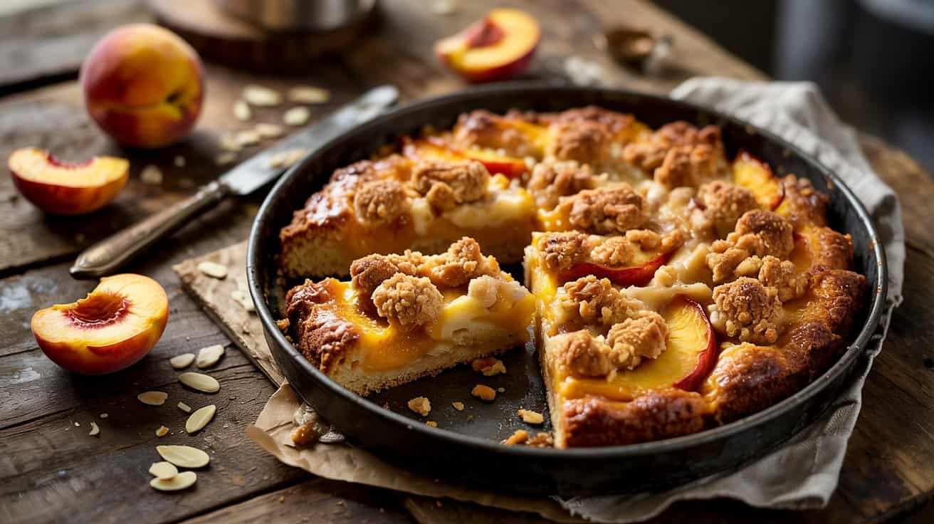 2 peach almond sheet cake with streusel e3H7UOv7Sx GVrFlXrGXDA r t 7NpISXiKDdWqB1tphw