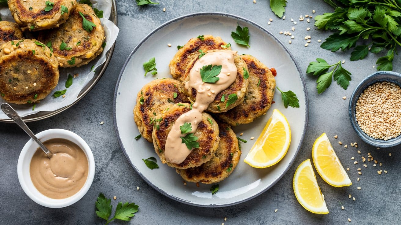 10 chickpea and quinoa patties with tahi MvQnjOkuSQi50IWfNkJgFQ 0qUQWshxQKixjyHSi upNw