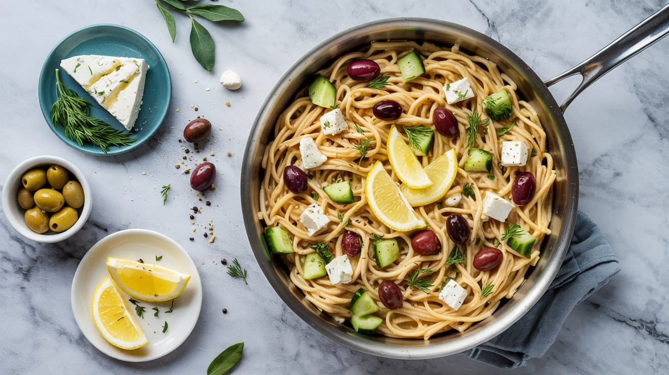 15 one pot greek no boil pasta with feta QM4Xefg7SLmw8Pvl5g8FbA vVr5DMZrRF2xL9KIGIrIDw