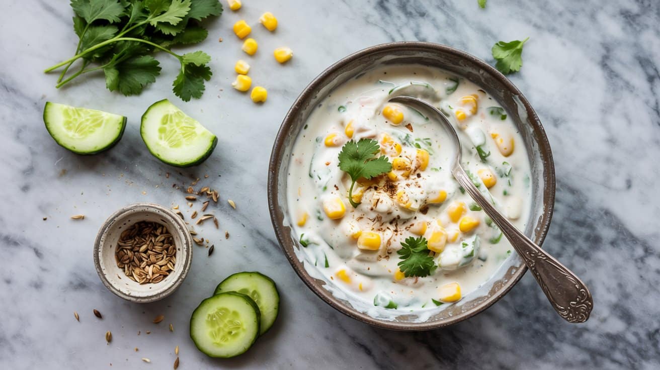 18 corn and cucumber raita a bright top QouF9mVDSO w4P92t4 cUA h4 bPq03TRqOs7oK a7SPw