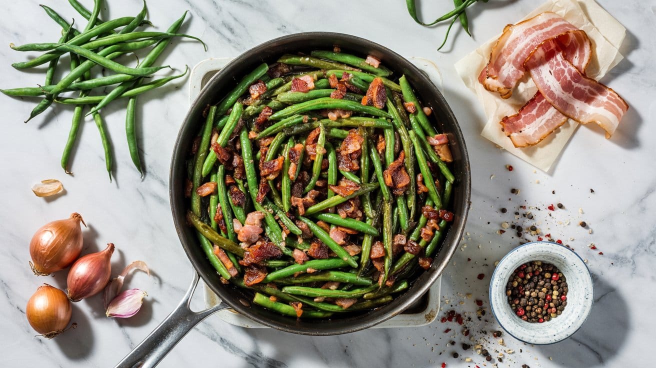 2 skillet green beans with bacon and sha wmPpEvcgSoShEM72m4wJkA 84VHMtoISb 0l8a3YnI9Zg