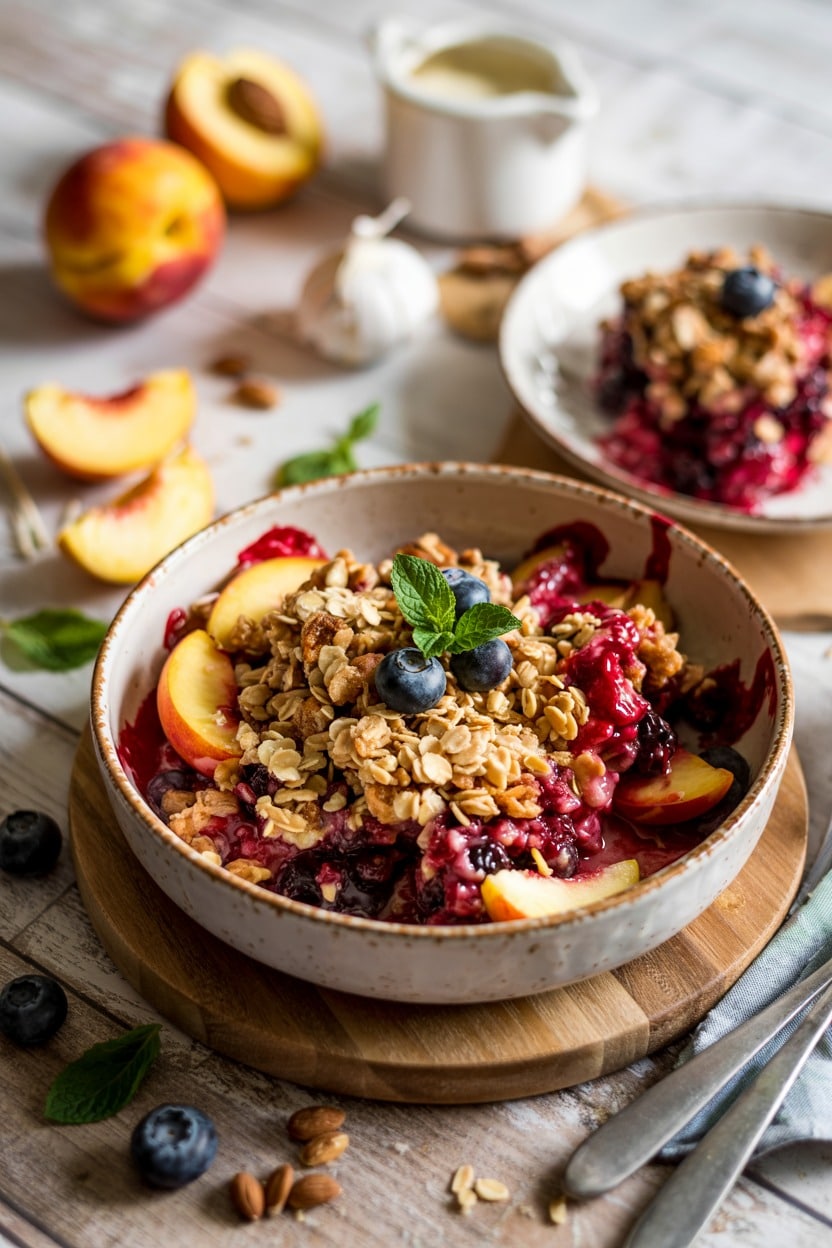Peach and Blueberry Crisp with Almond Oat Topping