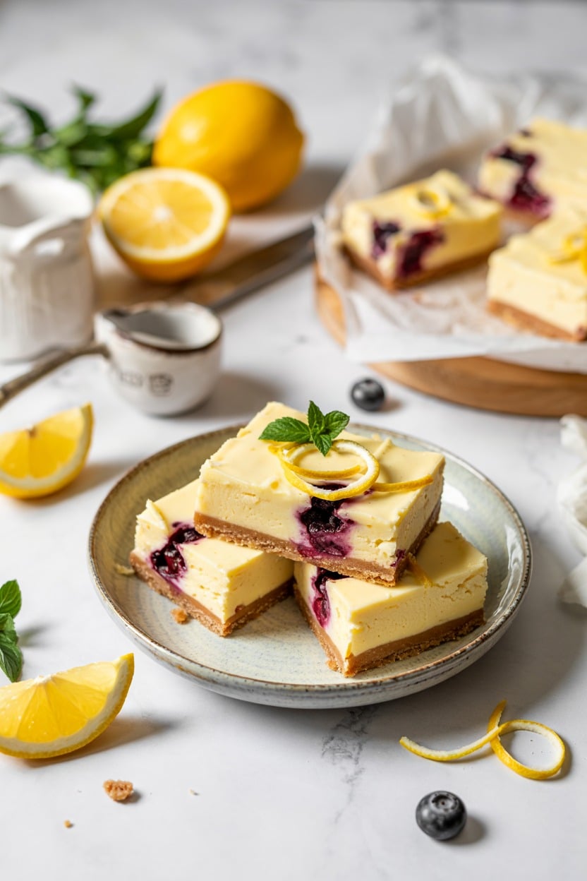 Lemon Blueberry Frozen Cheesecake Bars (Delish)
