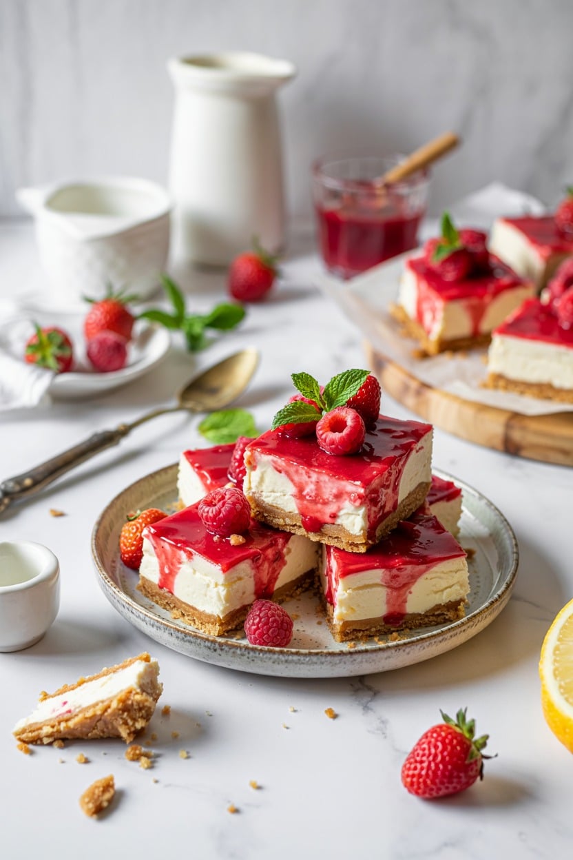 Strawberry Frozen Cheesecake Bars with Raspberry Sauce (Food Network - Giada De Laurentiis)