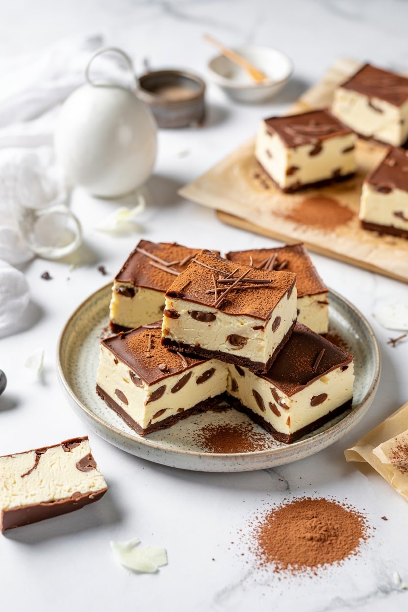 Mint Chocolate Chip Frozen Cheesecake Bars (Delicious Magazine)