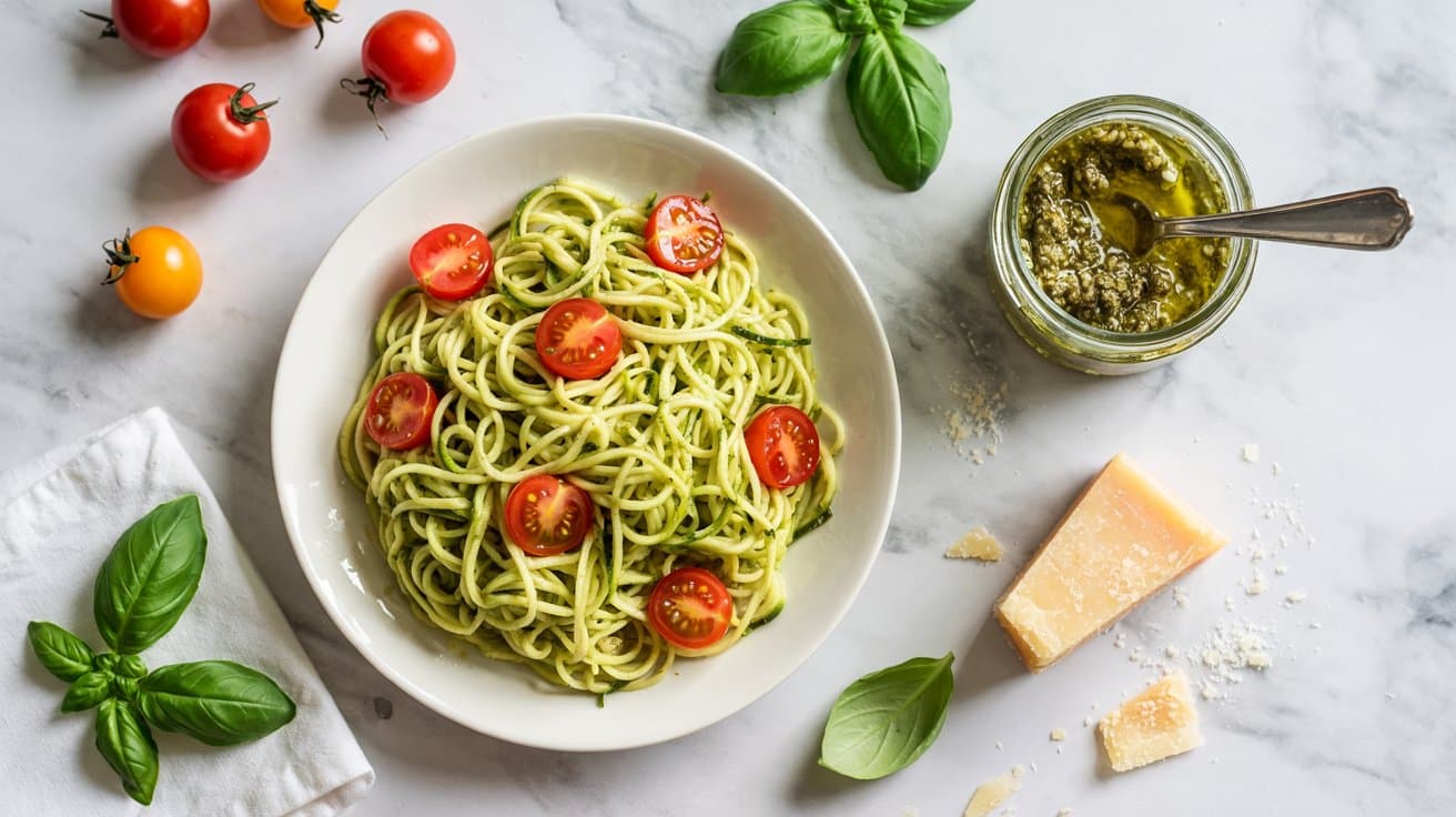 20 zucchini noodles with pesto and cherr RP2gKobtTlGgf7ZguMz7aQ 2JBYZuQBSQmXCLJ5tU4lzg