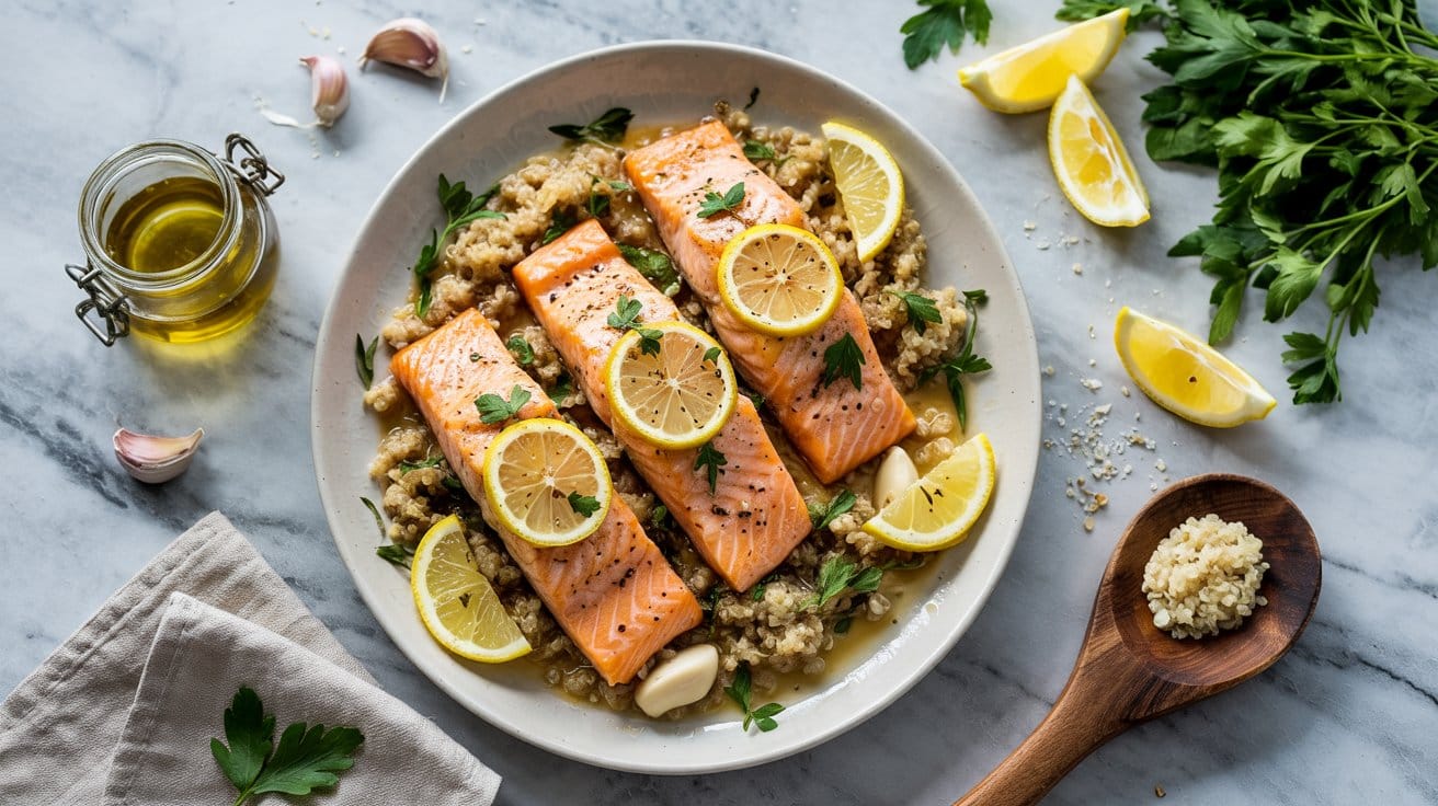 3 baked lemon garlic salmon with quinoa MInAhS83SAeJphzCUsr8Nw VPS1q5YFQIGaFBcQmVaI A