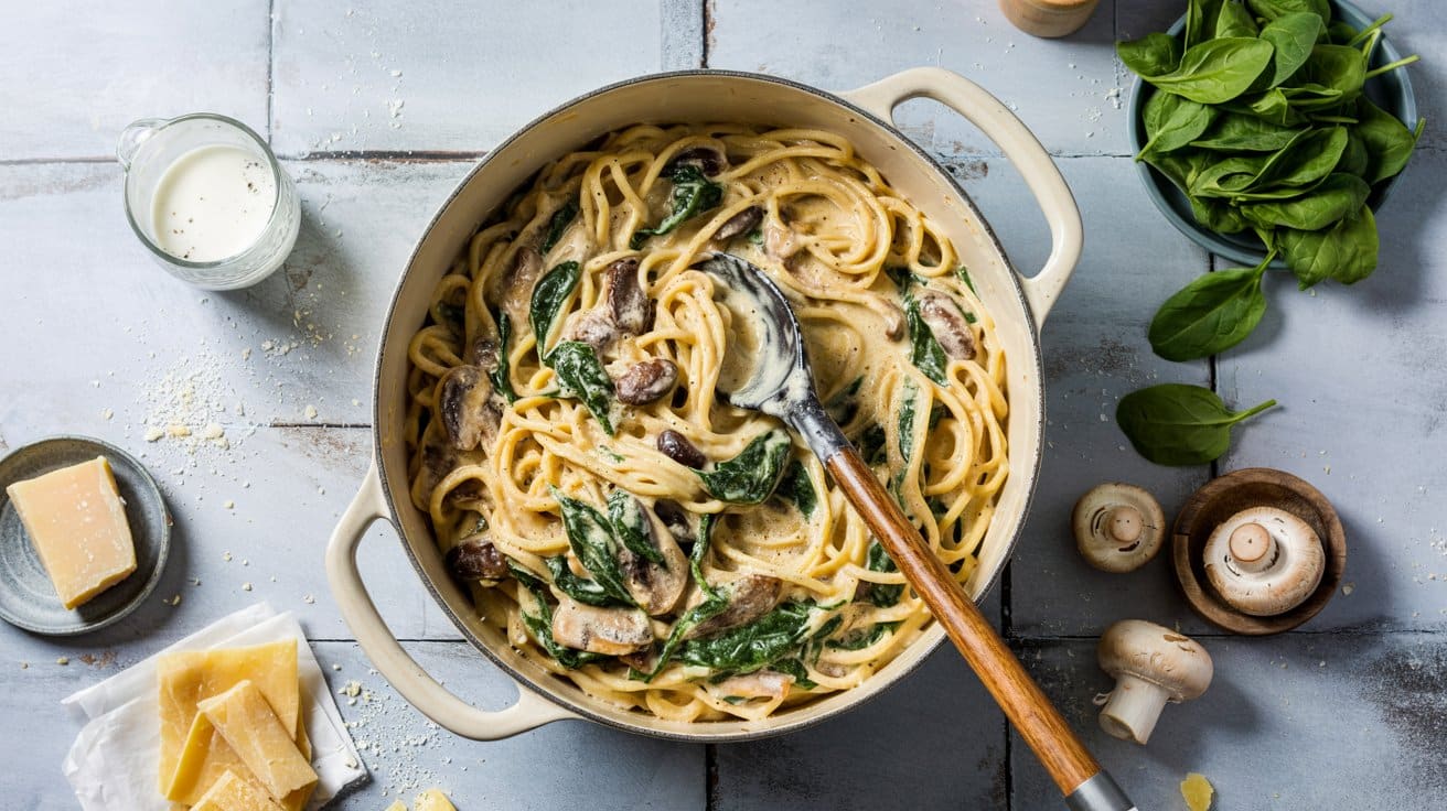 3 one pot creamy spinach and mushroom pa SwB8M2bmS0a077Q8N2I78w QElvgKjATRCNSNl44Ysgtw