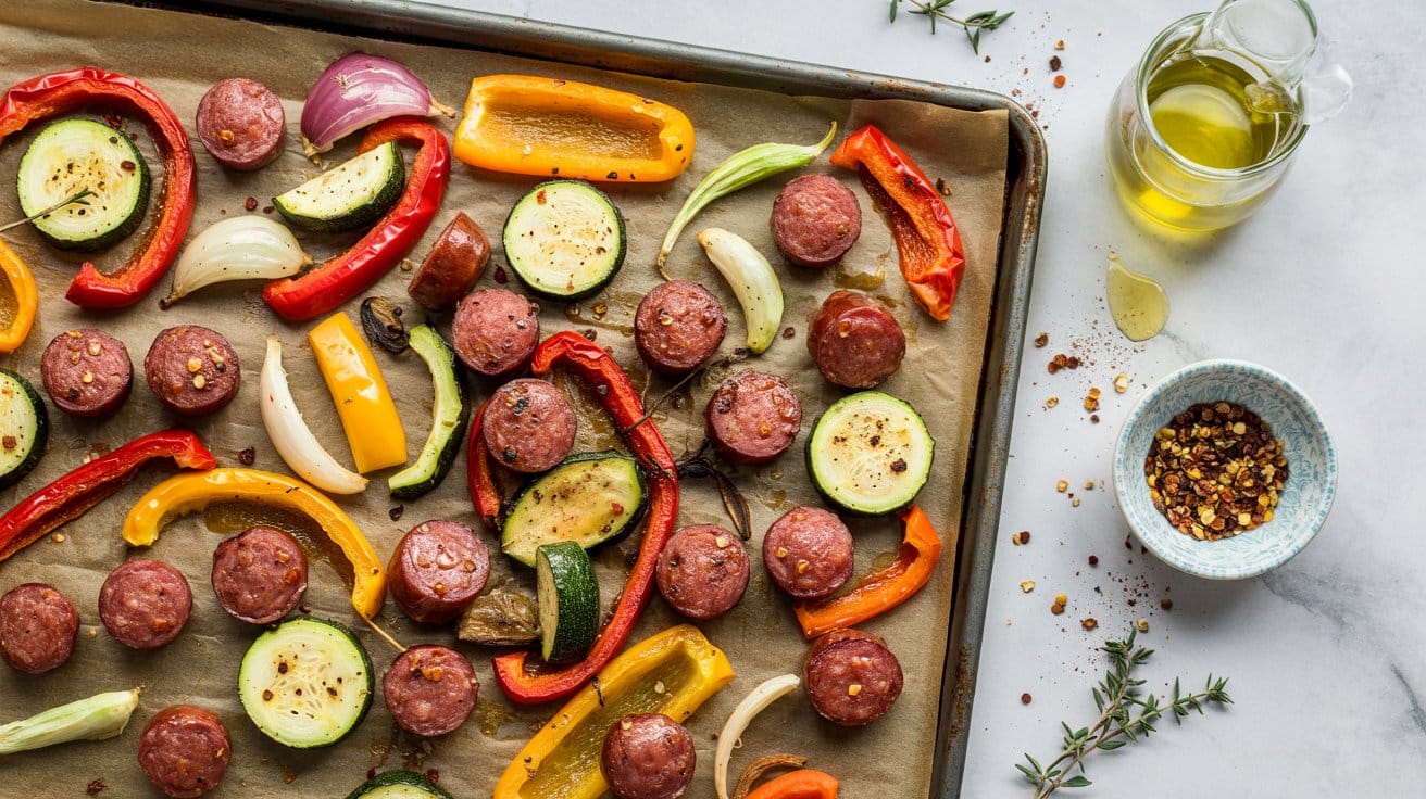 4 sheet pan sausage and roasted mixed ve z2DRjrkgSXeiRLXz6N7DJg tFlixanTSBq XWENlFHRjw