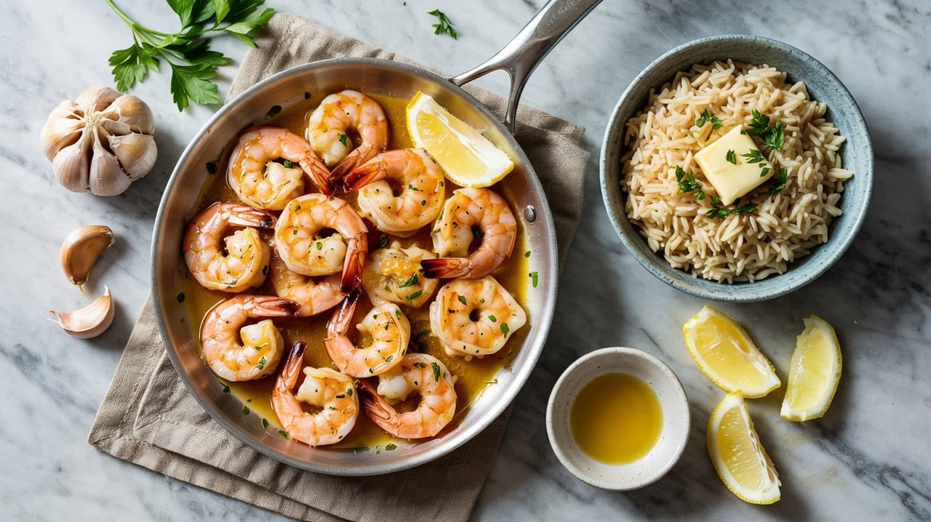 8 garlic butter shrimp with brown rice a VU8T9Yr1TXWBnf0 cRtqgw 0Vzct8SjSEuooH9WC9PmDQ