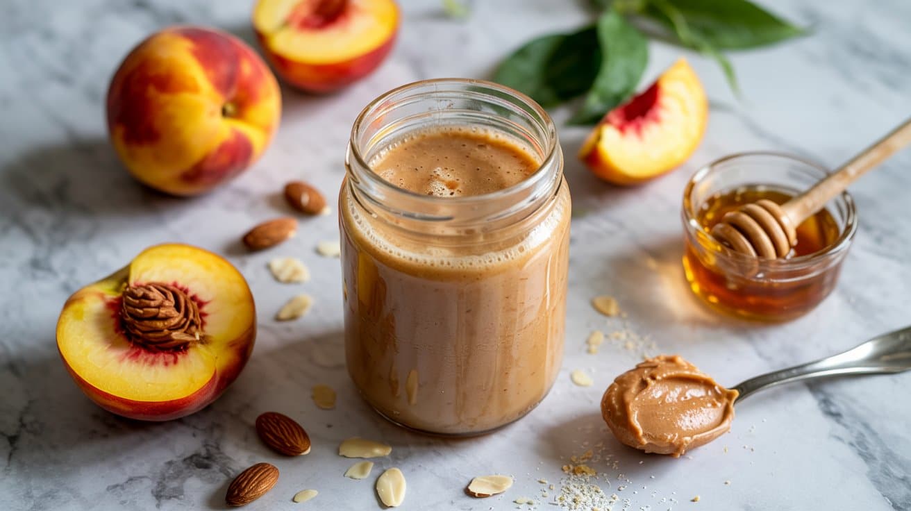 10 peach almond butter smoothie a bright yHt2qYWZSp2 O6utW7qkrw aLp3NddeQYCMpk3HPbImhQ