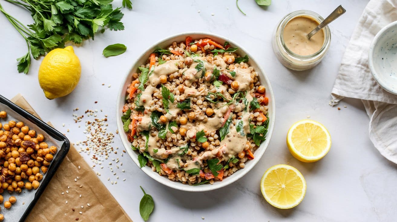 1 crunchy farro salad with roasted chick kD53dE06RUaQP6xMWBwX3A Qpqx3 C6SVmEruPX7 Nh8w