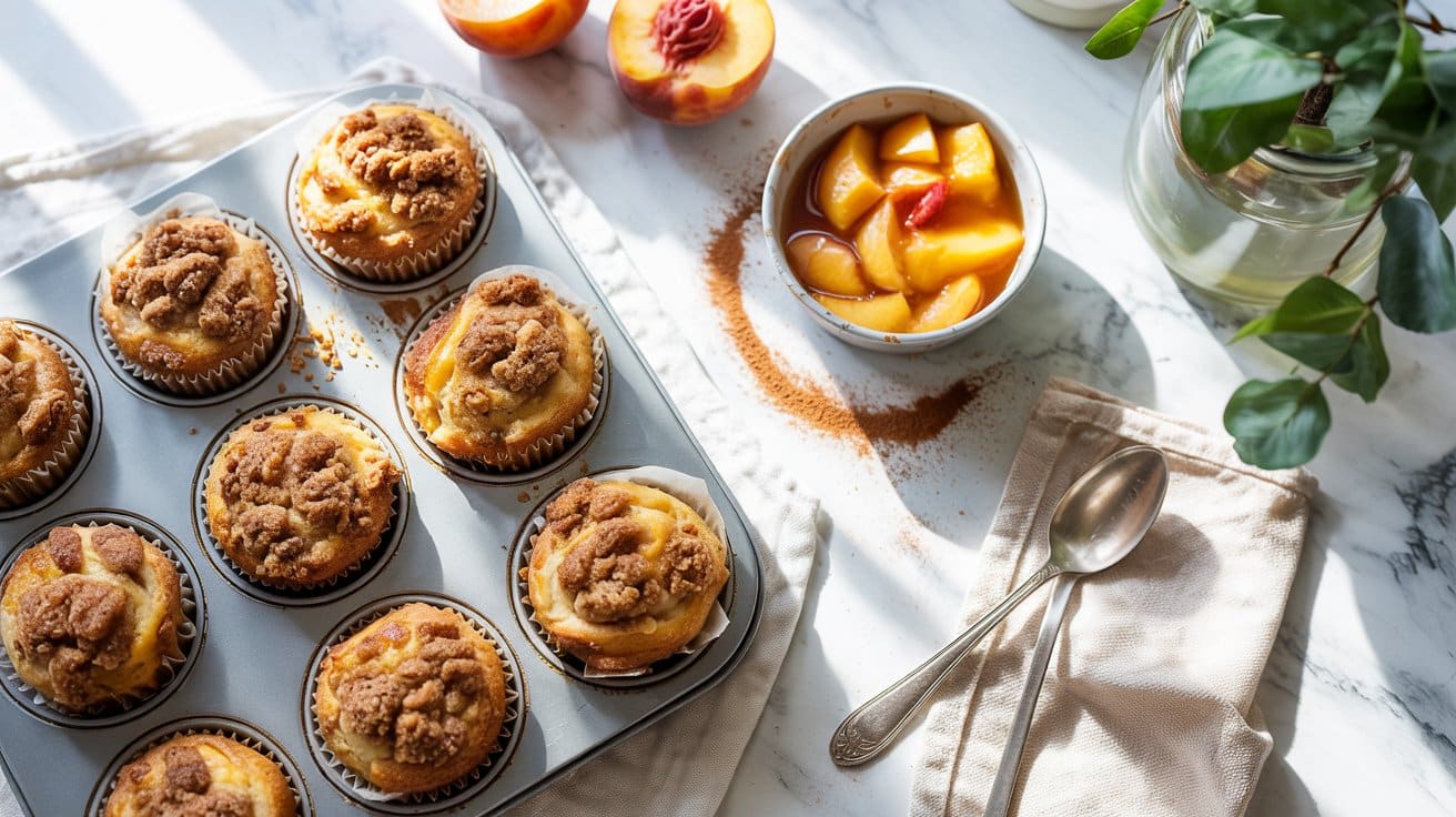 1 peach muffins with cinnamon streusel a P0k0 iC TwO5P FEGgaG3g KLlYw3Z2TxyOw51ag3duZw