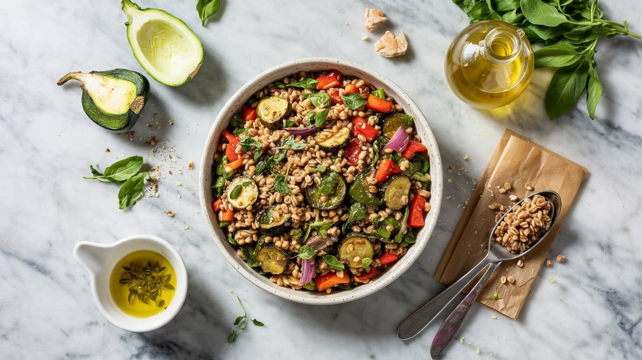 10 farro salad with roasted vegetables a Gnm3JVWgScGH9pU l4L1JA To12g0 FQsCTSjykl2Md0A
