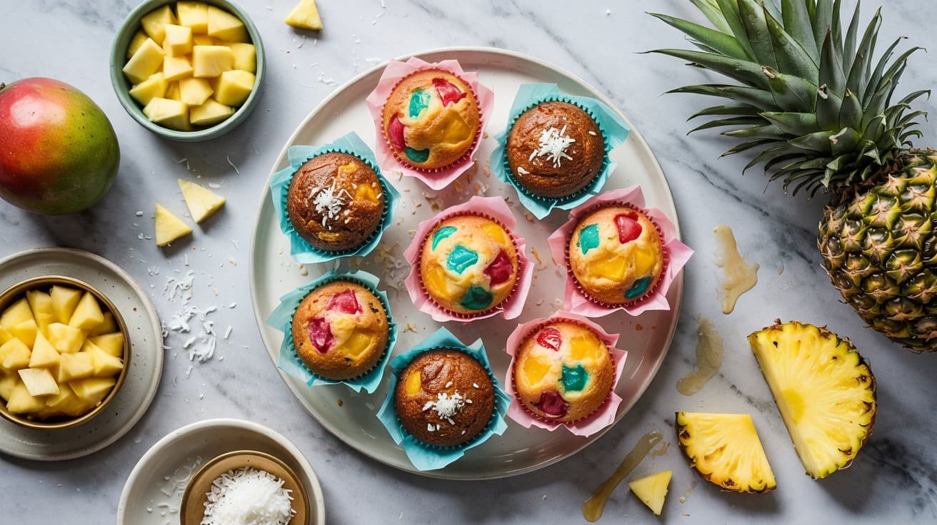 11 tropical fruit muffins with mango and pqJ5DEEHTLqSOoDfbkmP9Q nnZeU84gRjmFkGpunJvBYw