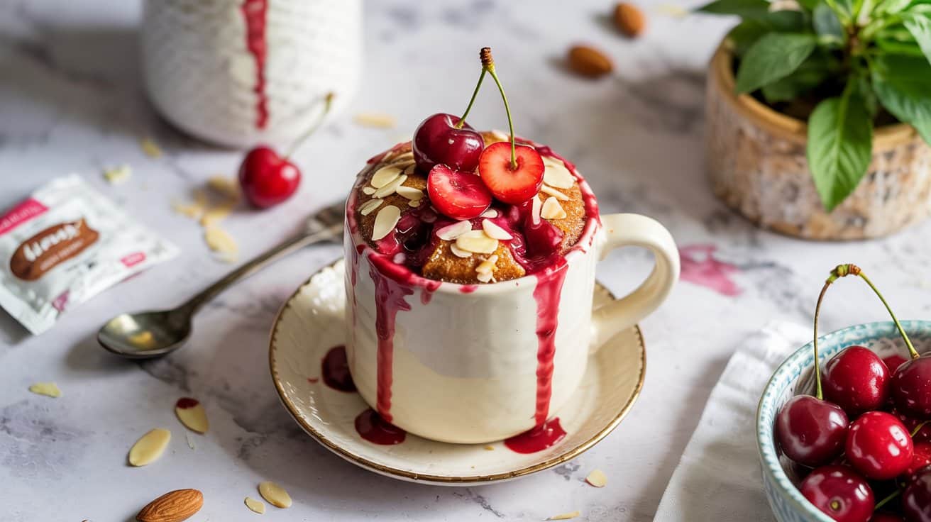14 cherry almond mug cake a bright top d Ie39XYpmSKWBmBf ap4KoQ uGt18yzHR5WtW9I83vUW A