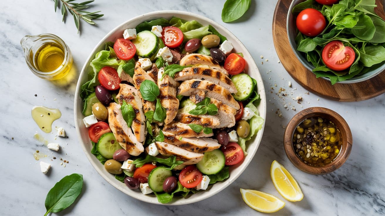 14 mediterranean grilled chicken salad a RsyDWR9jSRKhS m3 VhF1Q DRAYLoQpS3eacDKk7BRSQQ