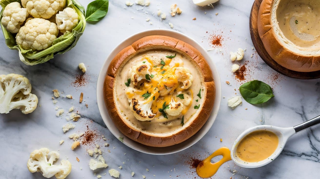 15 cheesy cauliflower soup bread bowl a PsfvRGFWQmSFObS1AI7pWg BWKVvCxxRt6FZRFqeuMMtw