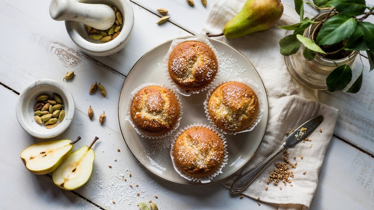 16 pear and cardamom muffins a bright to RrU6T67ET0e7 g3xoZOgPw AqwC4pFuT2SmzEYXm4pvWg