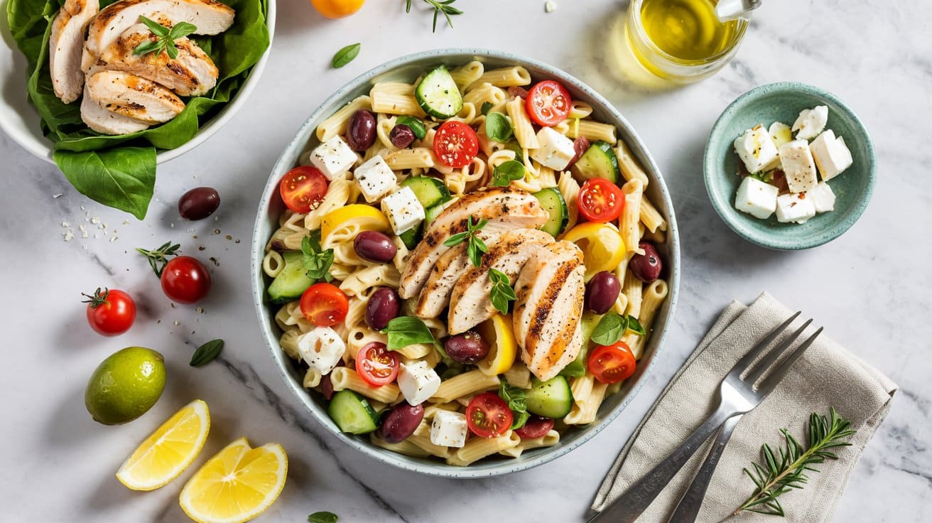 17 greek chicken pasta salad a bright to QtUA0O6vQrePJ MfivQWdA SNj0MJJMS6e hWXUt0pdtw