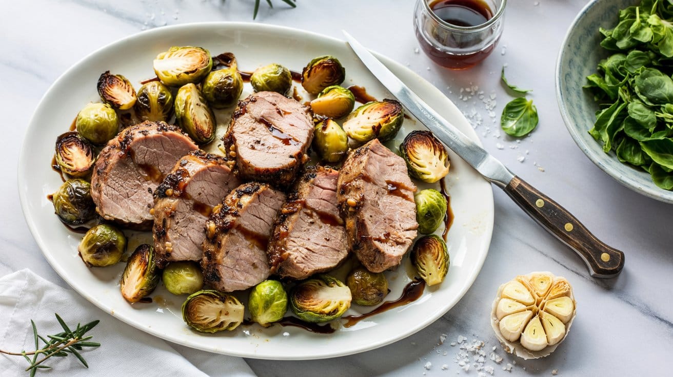 20 pork tenderloin with roasted brussels QE 17F7LRgOlYEo1n2HCuQ glip4tFJQhCBkqXo53zCvA