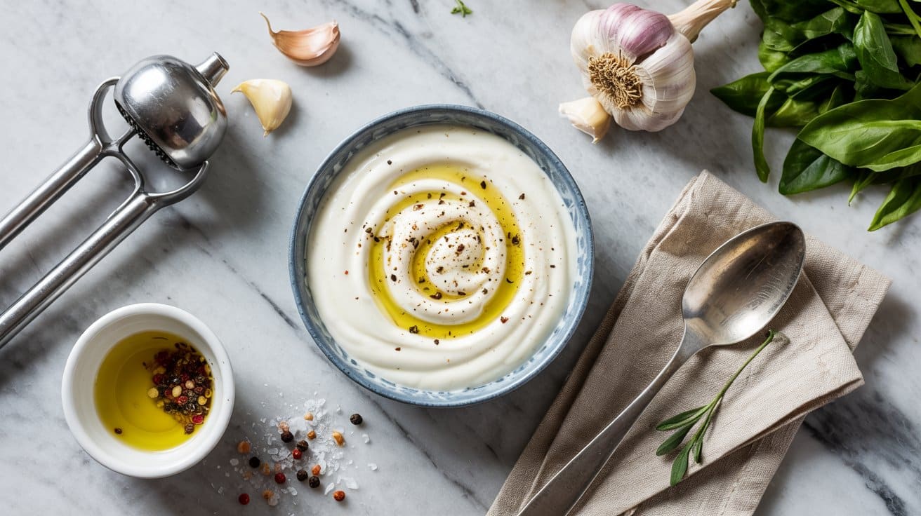 3 garlic yogurt sauce a bright top down nMHPURtvSqK 65r9ejlC4Q fl9MownMQJKP1c3ExRincA