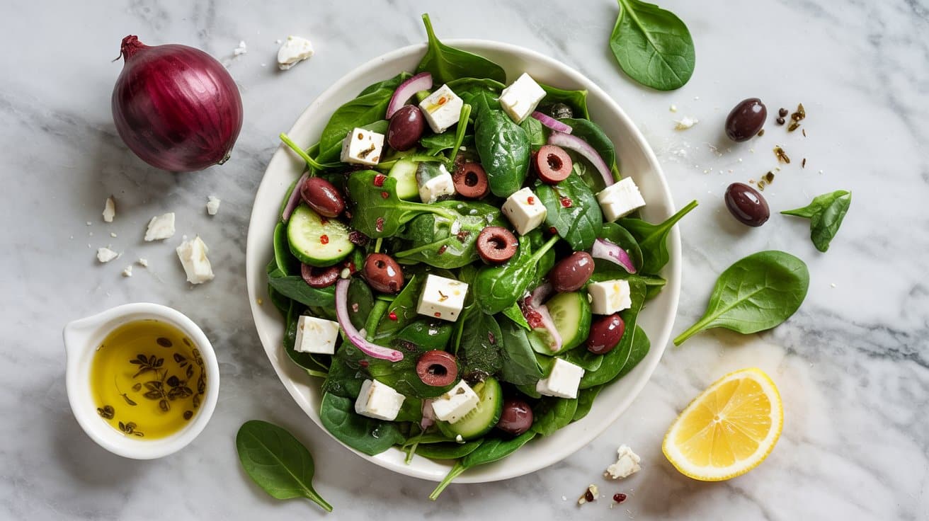 3 greek spinach salad with feta and oliv 1E65v SiRraltHdDOl8CPQ X Fh3uYbTyiBDHy4PO0o4A
