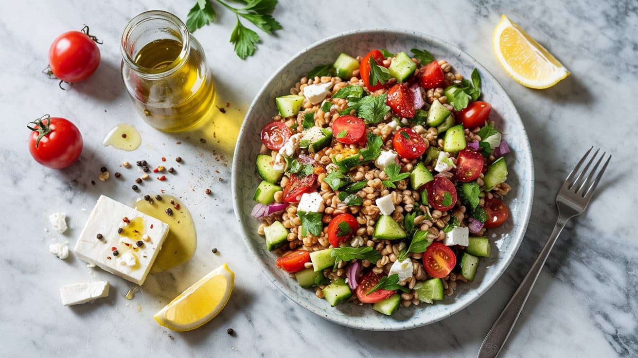 3 mediterranean farro salad with cucumbe zzhG5CWgSm 3324ADBb 0w G GvwFqkSmSGZzs3mmfuOw