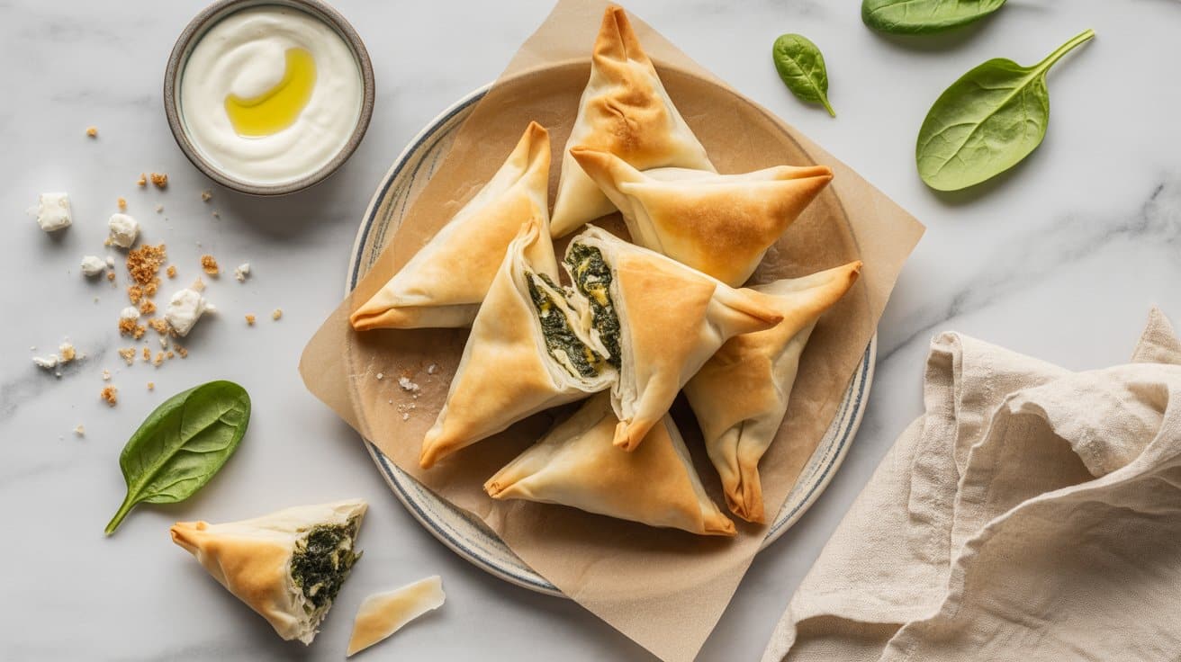 3 spinach and feta phyllo triangles span 5NpPh6wWQOSZDzQ0AB sGQ W2p6CDj2Ttq91rSn6b9H2Q