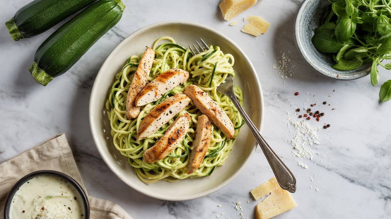 3 zucchini noodle alfredo with chicken a KPbvB8azR uZid5bcKmEnw j 4CjckMSPmaDfON4oaeLA