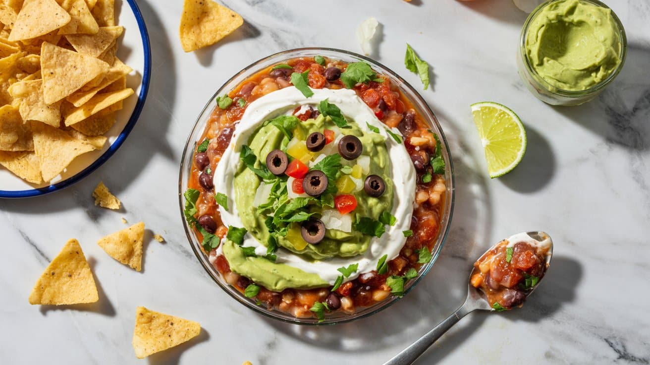 4 seven layer dip a bright top down shot Y2BEbA6PTMigM ecrelprg MmpgUJf0SgC9jSZ9wqmuBQ
