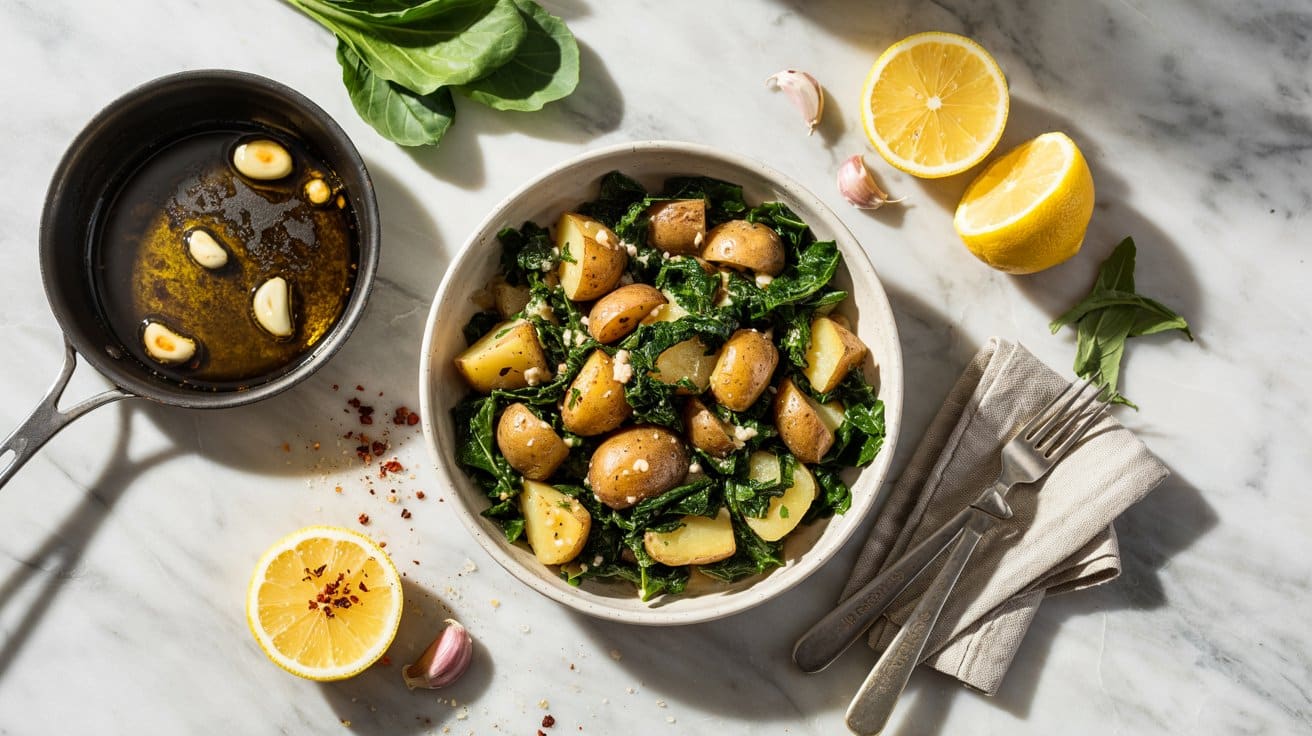 4 warm potato and kale salad with garlic QiHoy7TmTz qrCNea1WbXw JGuNdXZRQiGOQjuo0Q6fuw