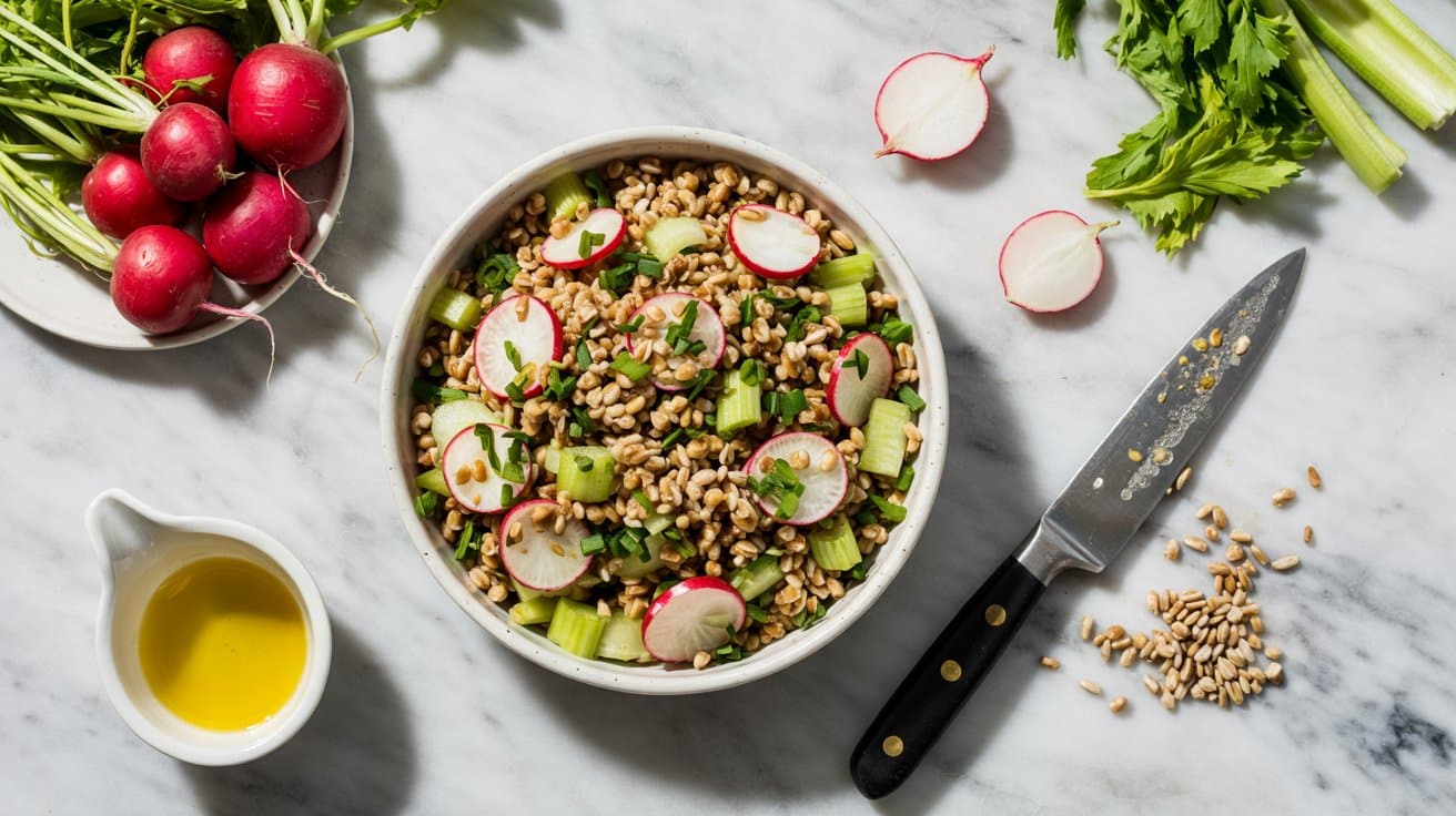 5 farro salad with radishes celery and s dO9F1snFRa 0BCAW55Y9Tw hEVpi1yZRguFAaTsEm84dA