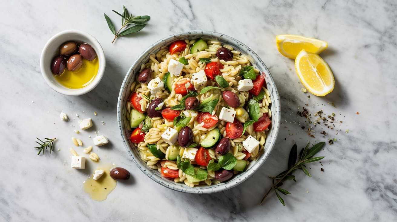 6 greek orzo salad with feta and olives lgTO4CZmSJKVdlyFmOb Kg KDTJSawgTQerihBpPiTw8w