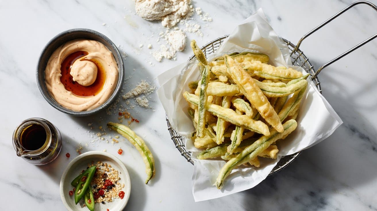 6 tempura green beans with spicy dipping C6kCXkL8RbiL2xq1AjbEGA 4FVYhXQMQIKpDUhqjhGeNw