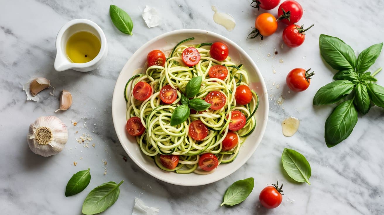 7 zucchini noodles with cherry tomatoes L9fYmpoYRYCF6SngTPQAgQ cYzwuv 0Tk ZhM41kN9xbg