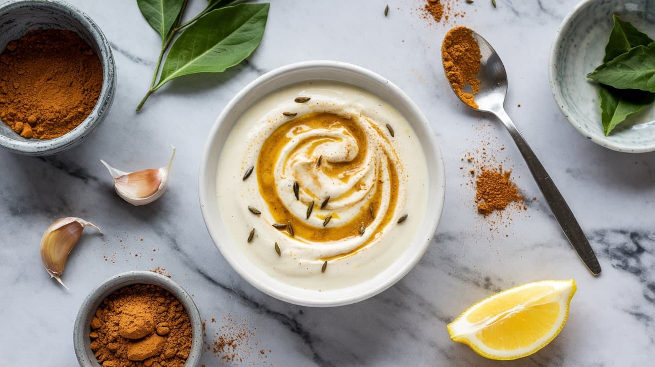 9 curried yogurt sauce a bright top down JQbZ7CFLRvC 7T5pNf98wA CEEvRCKQRyG3QFPj6Rh jA