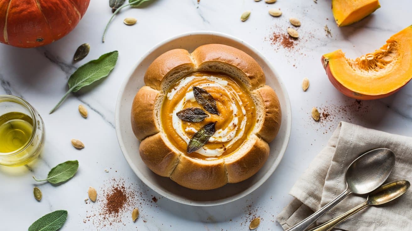 9 pumpkin soup with sage bread bowl a br 3Vj8ESeuTx6qfczvOBWNvQ Iu8HZQoQcGAh2vmrbseMQ