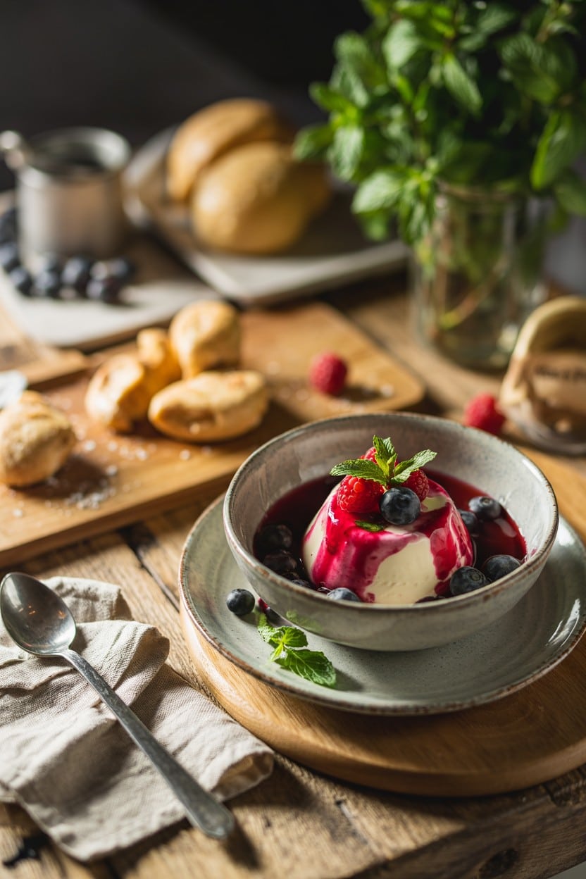 Berry Panna Cotta with Mint Syrup