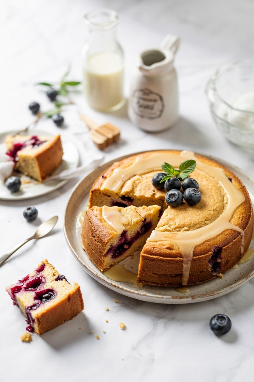 Blueberry Cornmeal Cake with Honey Glaze