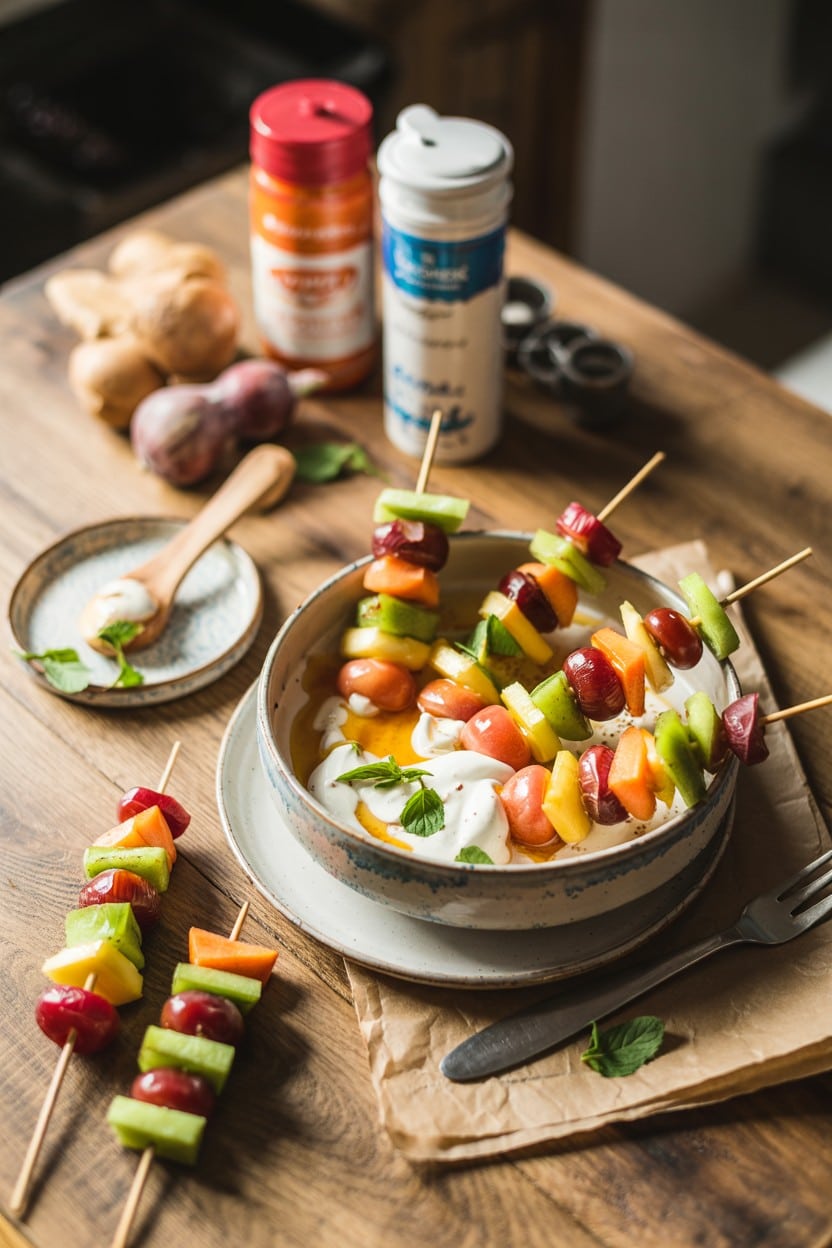 Rainbow Fruit Skewers with Honey Yogurt Dip