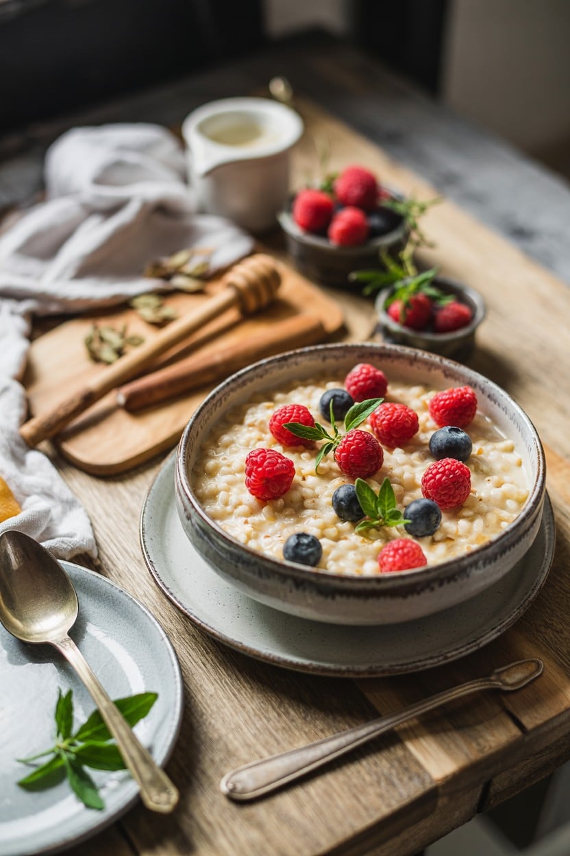 Honey Cardamom Rice Pudding with Fresh Berries