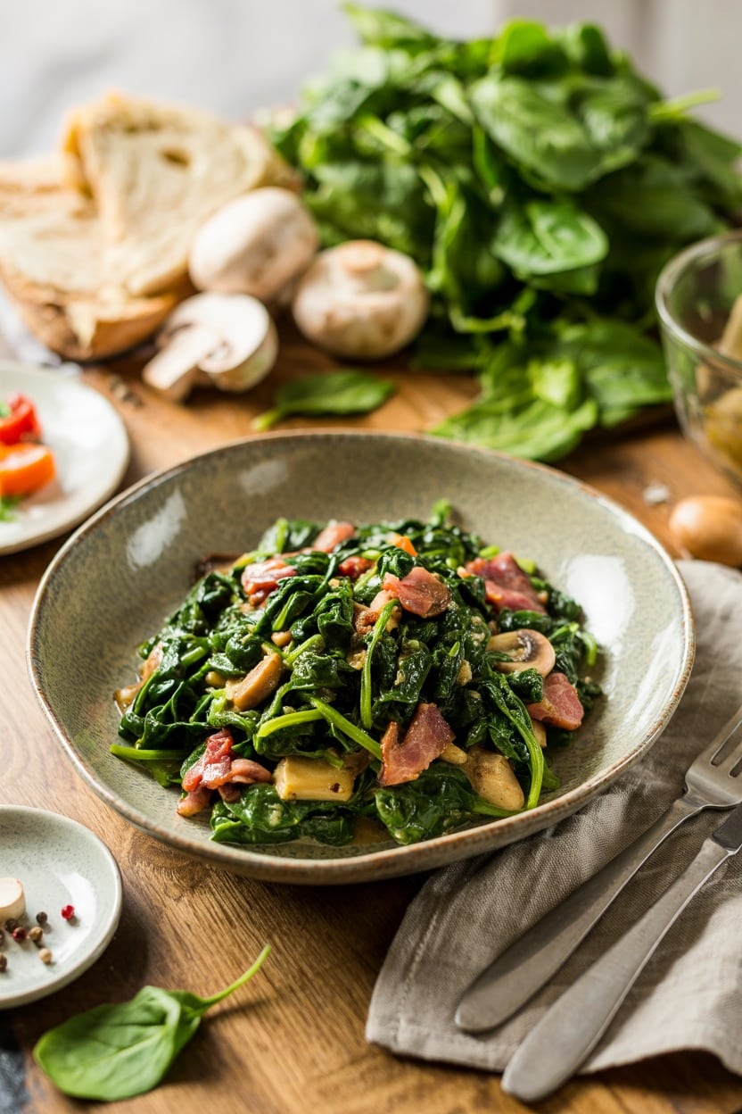 Wilted Spinach with Bacon & Mushrooms - feature
