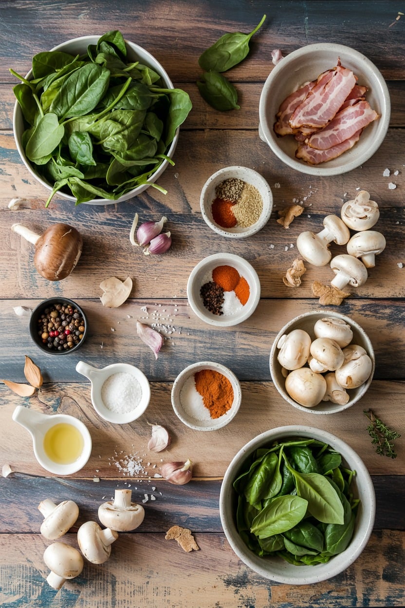 Wilted Spinach with Bacon & Mushrooms - ingredients